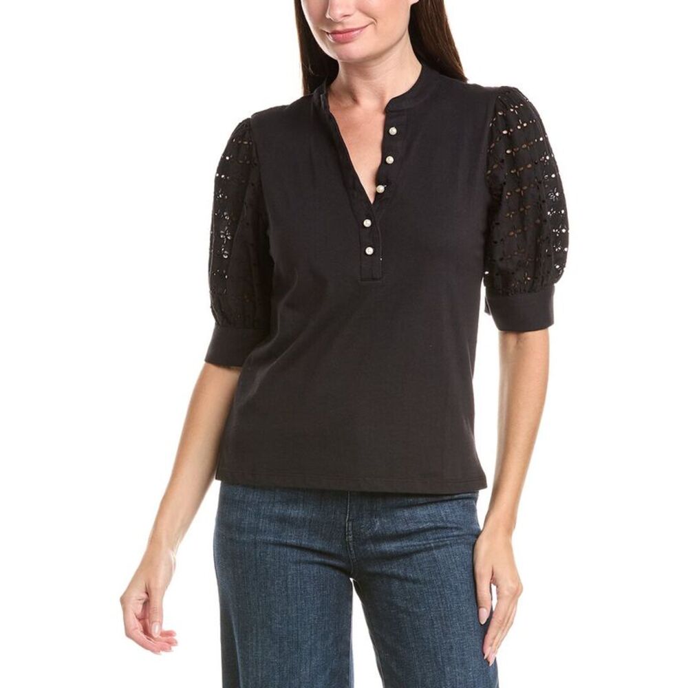 Cece Womens  Henley Mixed Media Top, Black